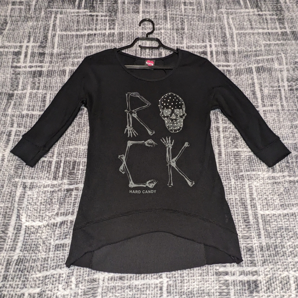 Hard Candy Black 3/4 Sleeve Tee with Skull Design